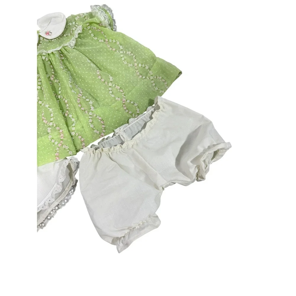 Handmade Baby Doll Outfit‎ Green Swiss Dot Floral Dress Slip Bloomers 3pc Set